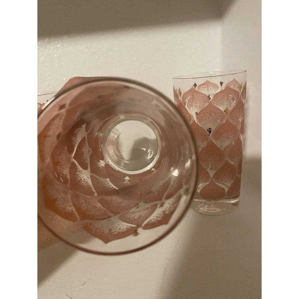 Vintage MCM Fred Press Glass Tumbler Set Of Four Pink And Gold High Ball Glasses